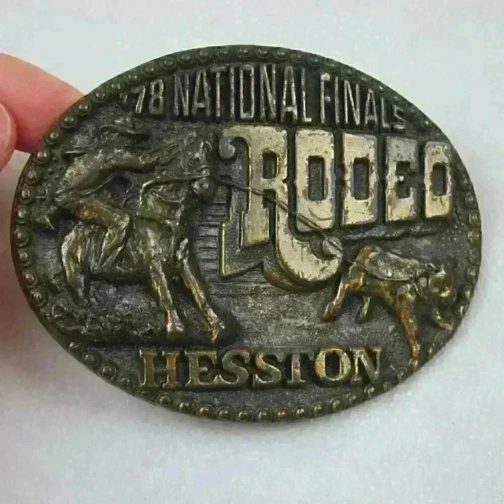 Vintage 1978 National Finals Rodeo Hesston Belt Buckle Brass tone Metal Oklahoma - Picture 2 of 12